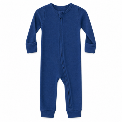 Modern Burlap thermal organic baby zip coverall in Navy Peony, full front studio view