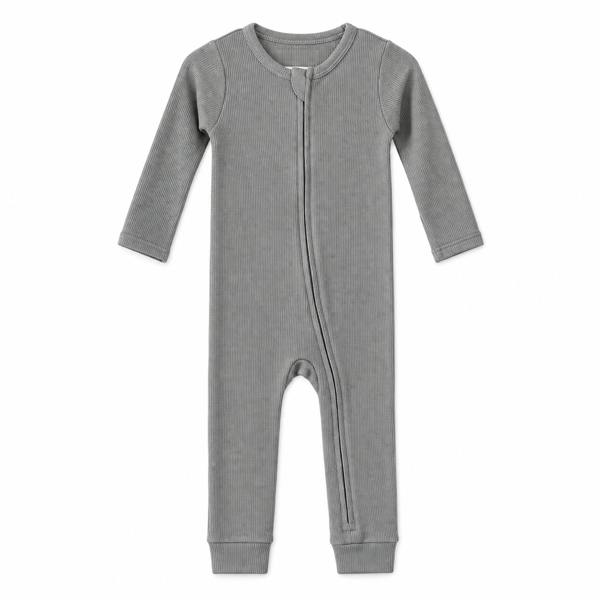 Modern Burlap thermal organic baby zip coverall in Neutral Gray, full front studio view