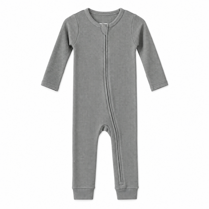 Modern Burlap thermal organic baby zip coverall in Neutral Gray, full front studio view