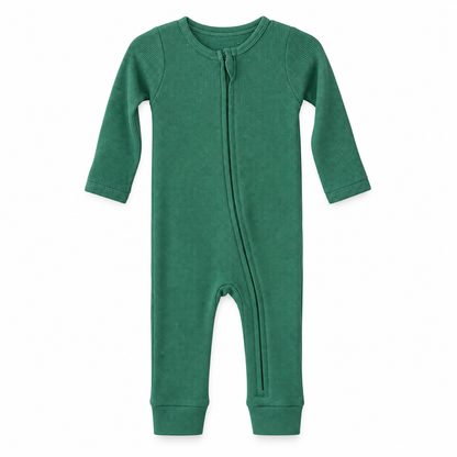 Modern Burlap thermal organic baby zip coverall in Pine Green, full front studio view