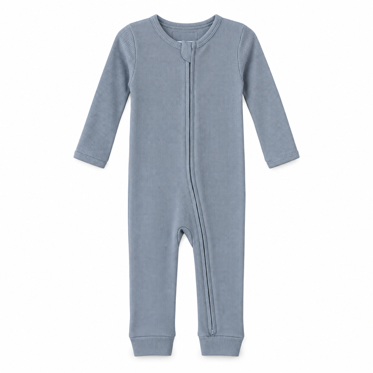 Modern Burlap thermal organic baby zip coverall in Tradewinds, full front studio view
