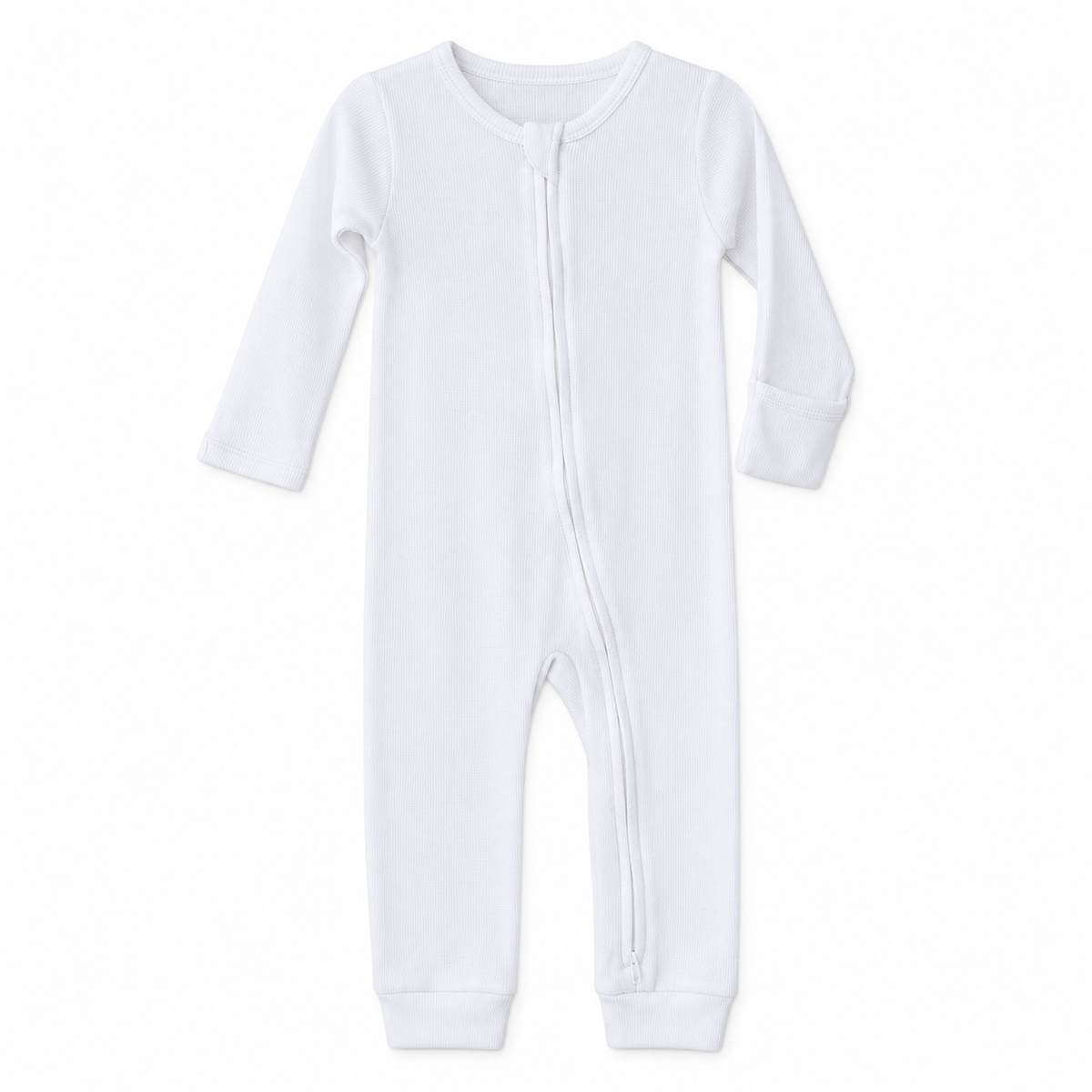 Modern Burlap thermal organic baby zip coverall in White, full front studio view