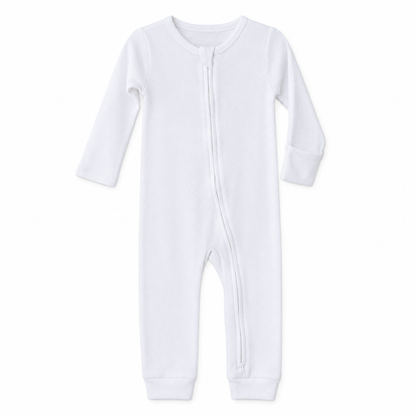 Modern Burlap thermal organic baby zip coverall in White, full front studio view