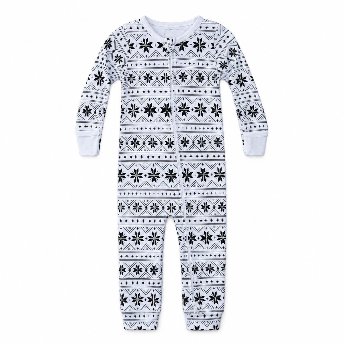 Modern Burlap organic baby zip coverall in Black on White Nordic Winter, full front studio view