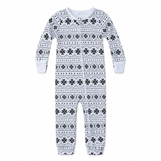 Modern Burlap organic baby zip coverall in Black on White Nordic Winter, full front studio view
