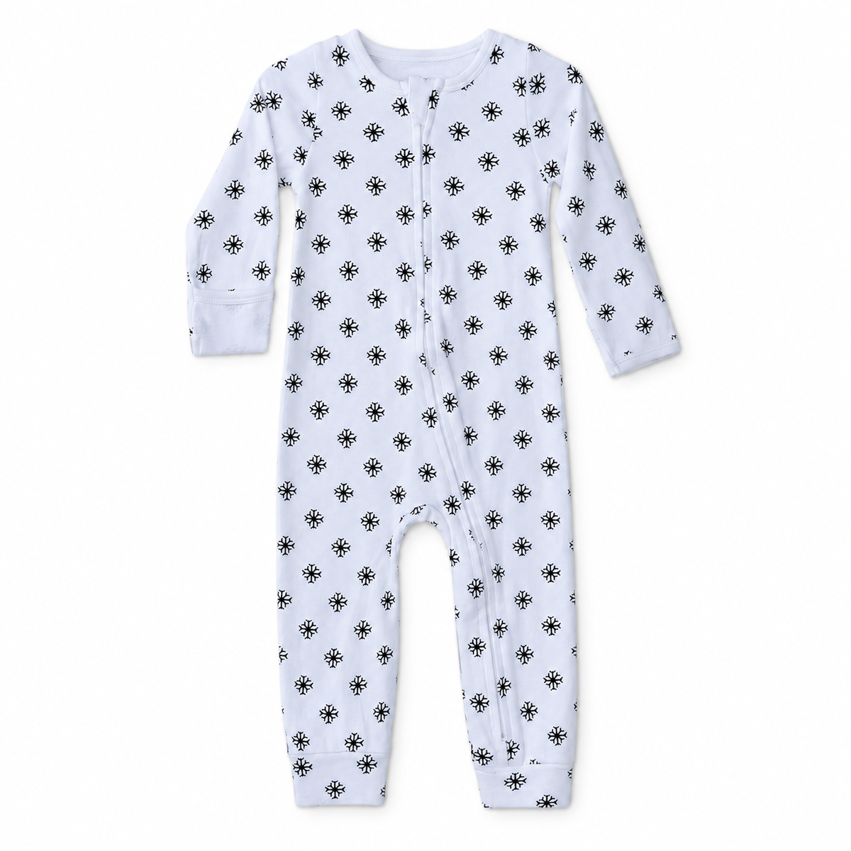 Modern Burlap organic baby zip coverall in Black on White Snowflakes, full front studio view