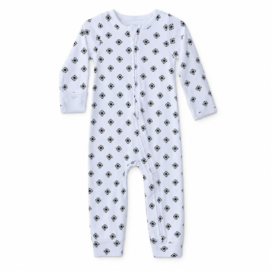 Modern Burlap organic baby zip coverall in Black on White Snowflakes, full front studio view
