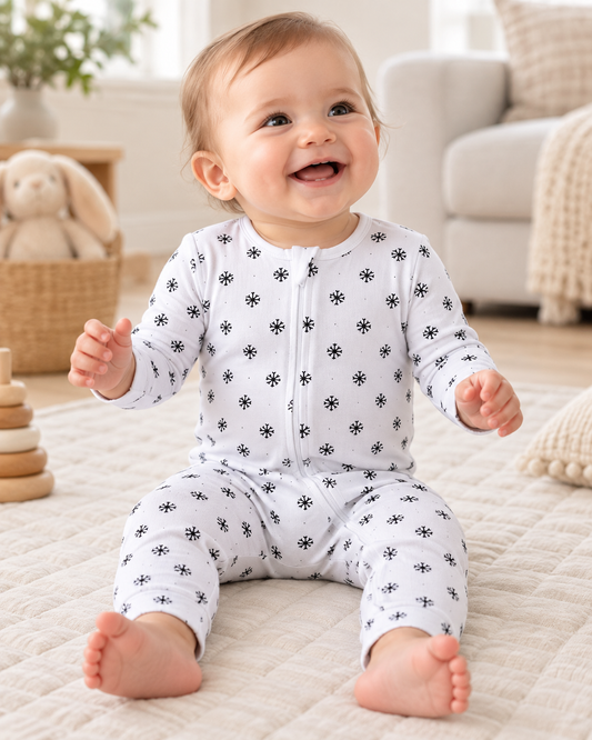 AI-styled lifestyle view of Organic Baby Zip Coverall | Signature Prints in Black on White Snowflakes