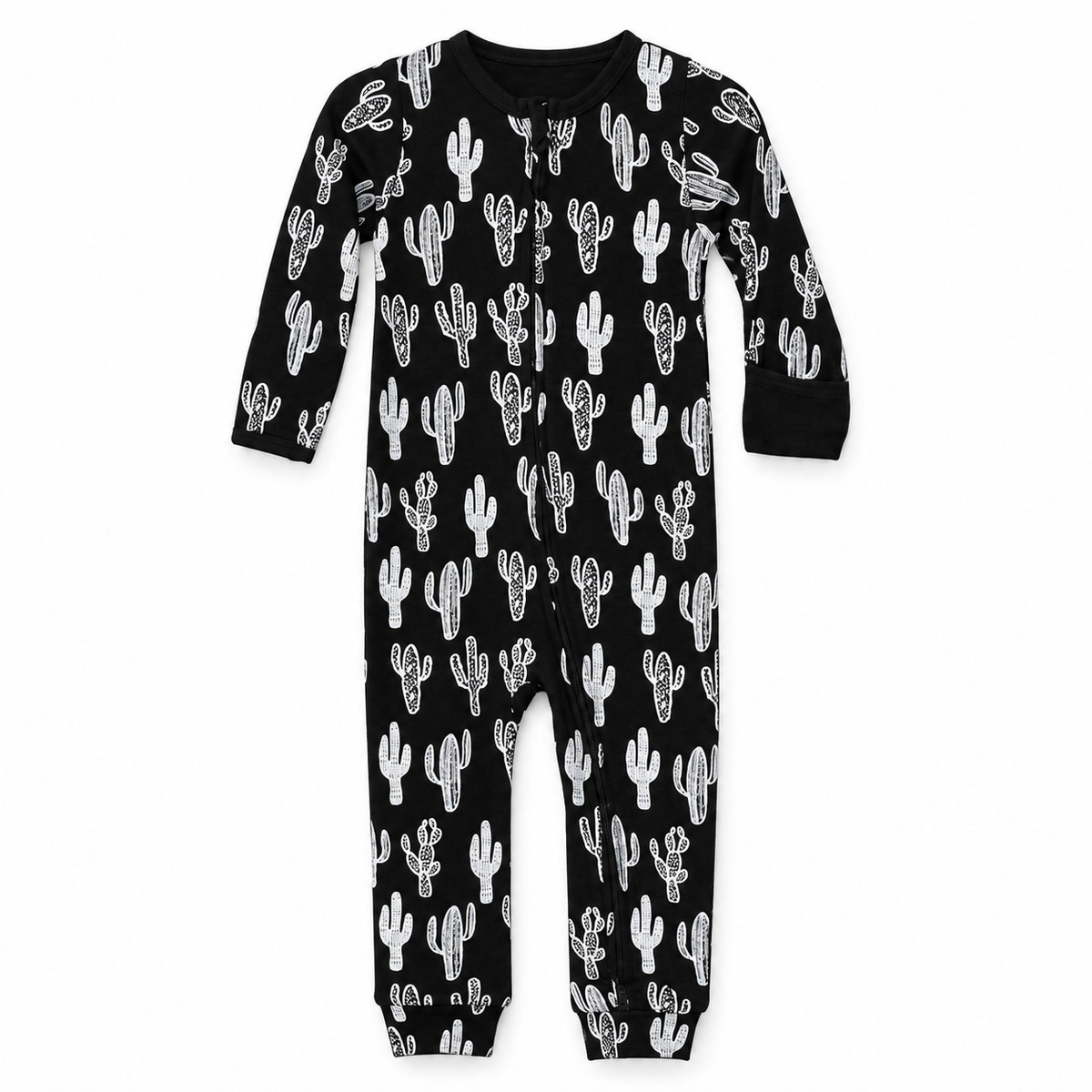 Modern Burlap organic baby zip coverall in White on Black Cactus, full front studio view