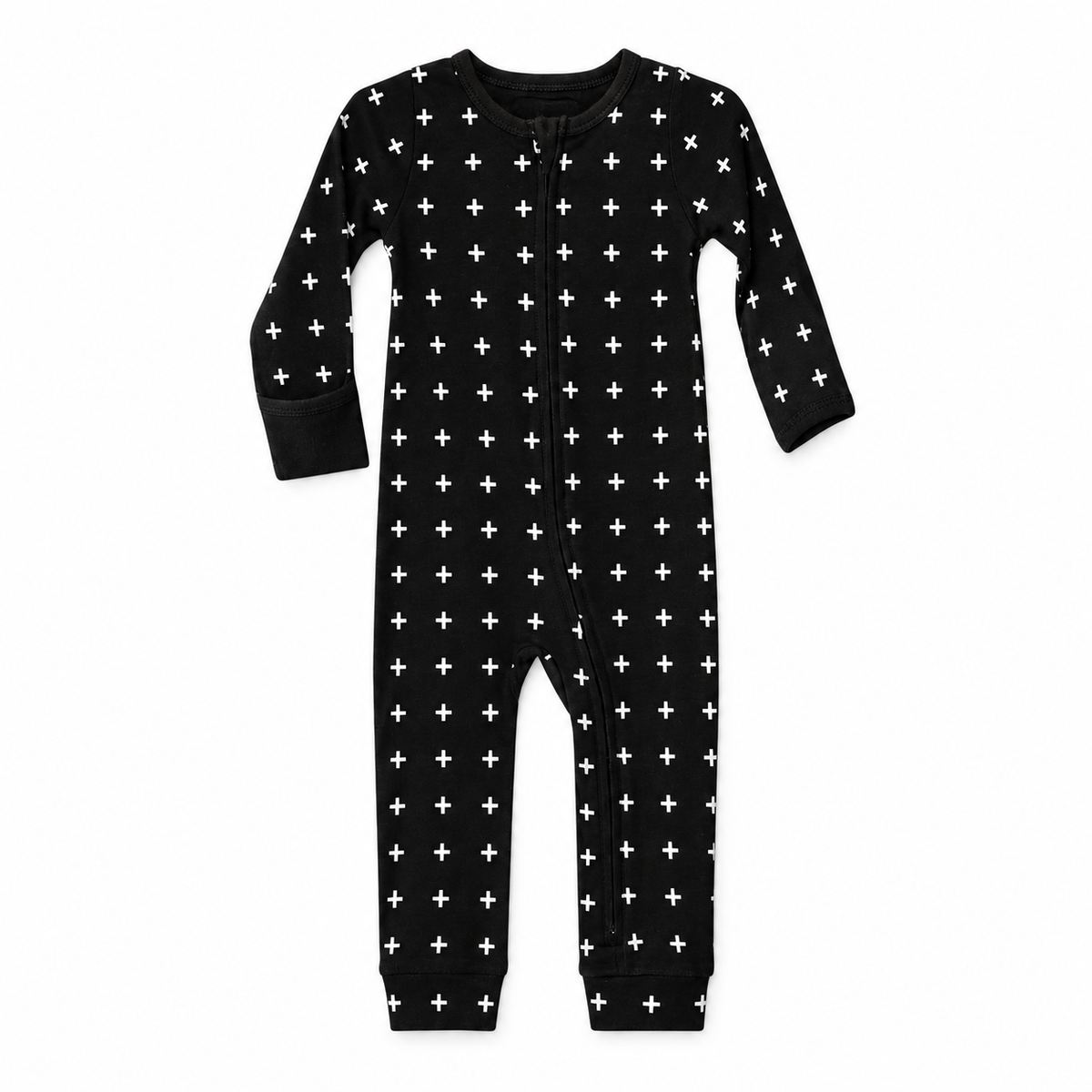 Modern Burlap organic baby zip coverall in White on Black Swiss Cross, full front studio view