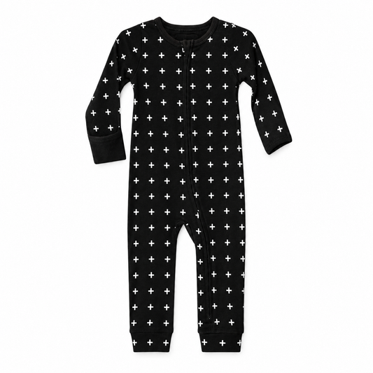 Modern Burlap organic baby zip coverall in White on Black Swiss Cross, full front studio view