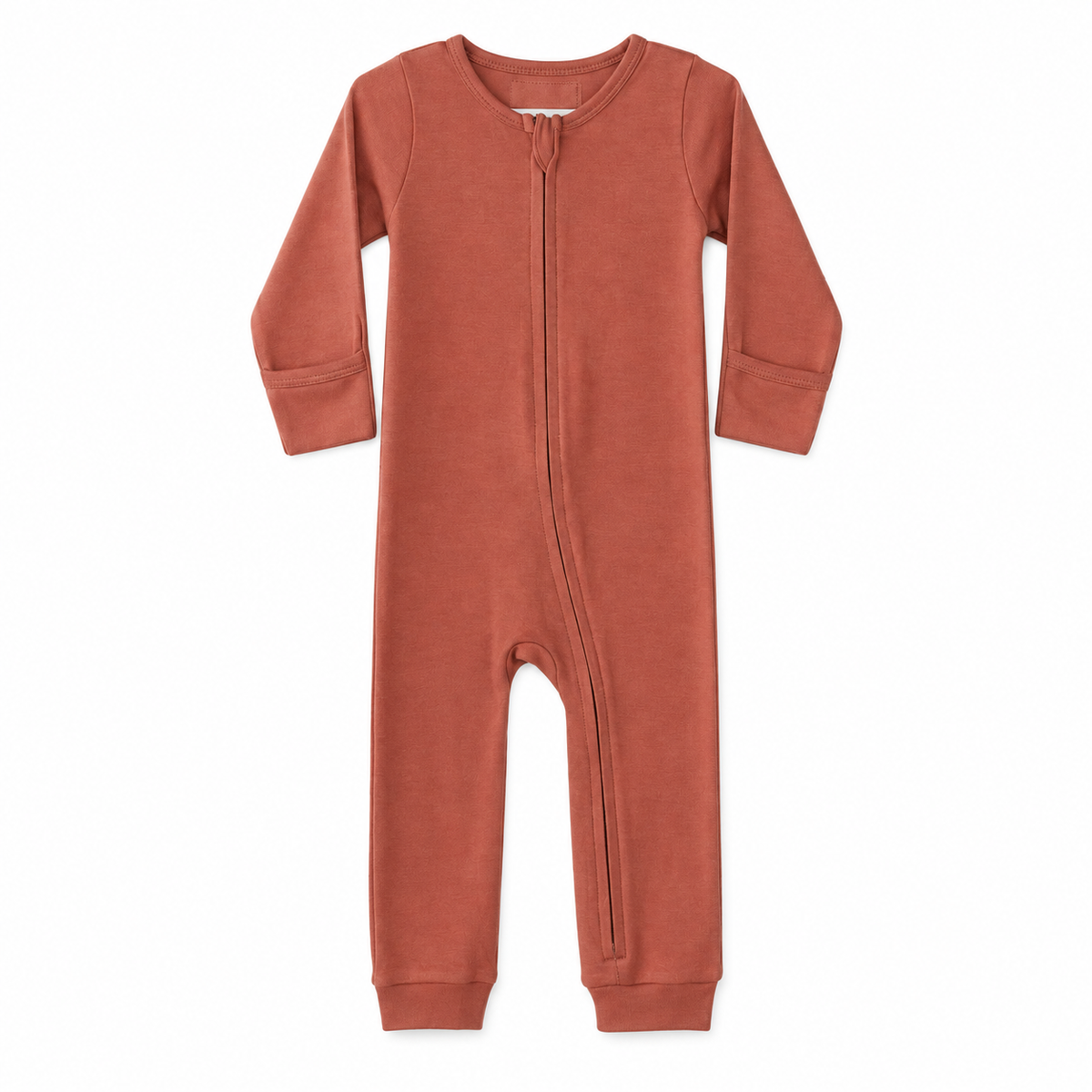 Modern Burlap organic baby zip coverall in Aragon, full front studio view