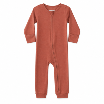 Modern Burlap organic baby zip coverall in Aragon, full front studio view