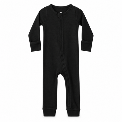 Modern Burlap organic baby zip coverall in Black, full front studio view