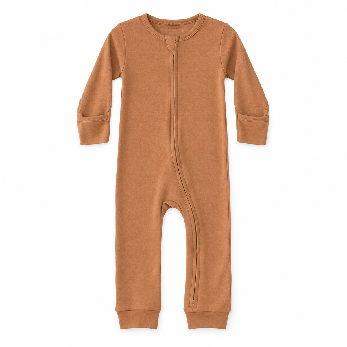 Modern Burlap organic baby zip coverall in Ginger, full front studio view