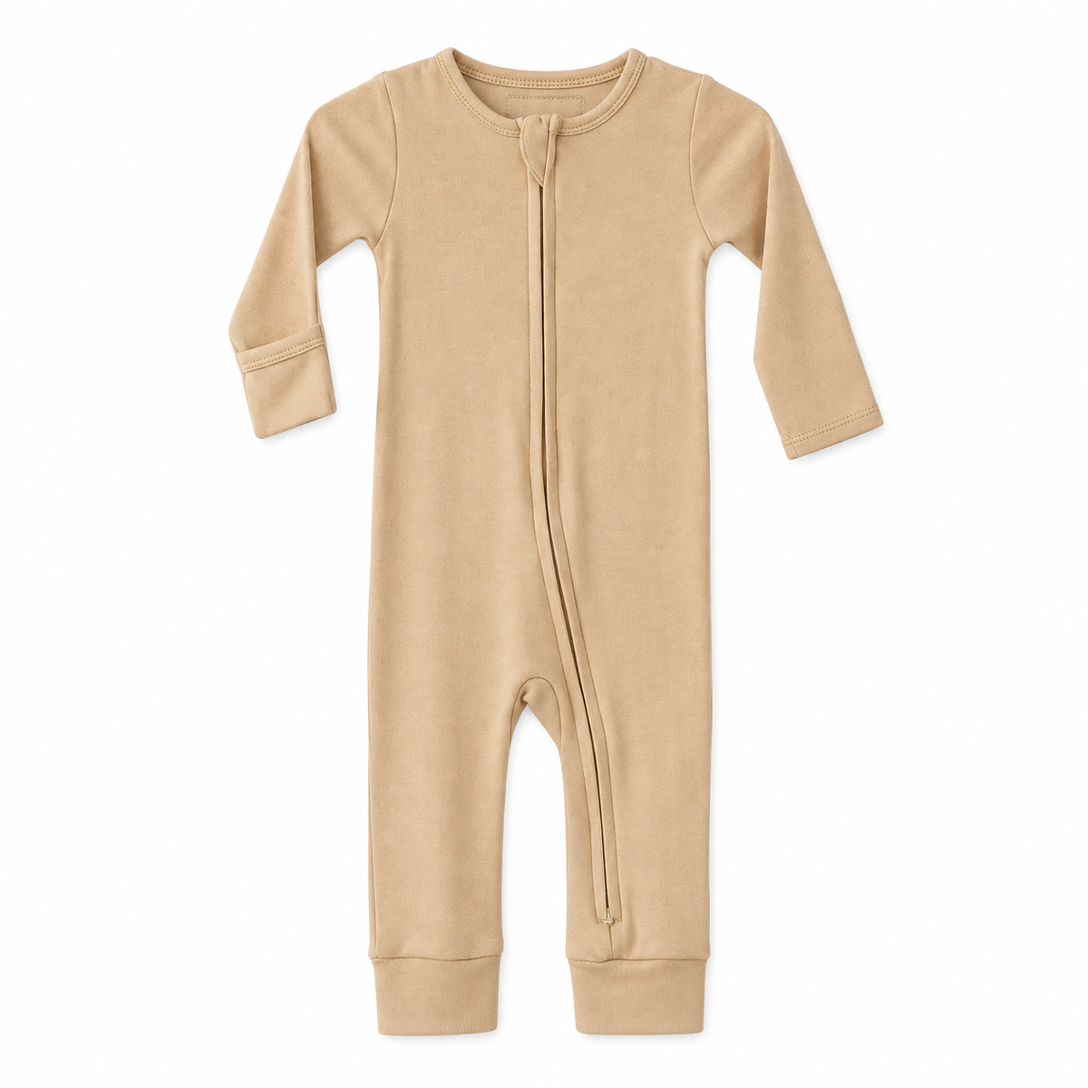 Modern Burlap organic baby zip coverall in Hazelnut, full front studio view