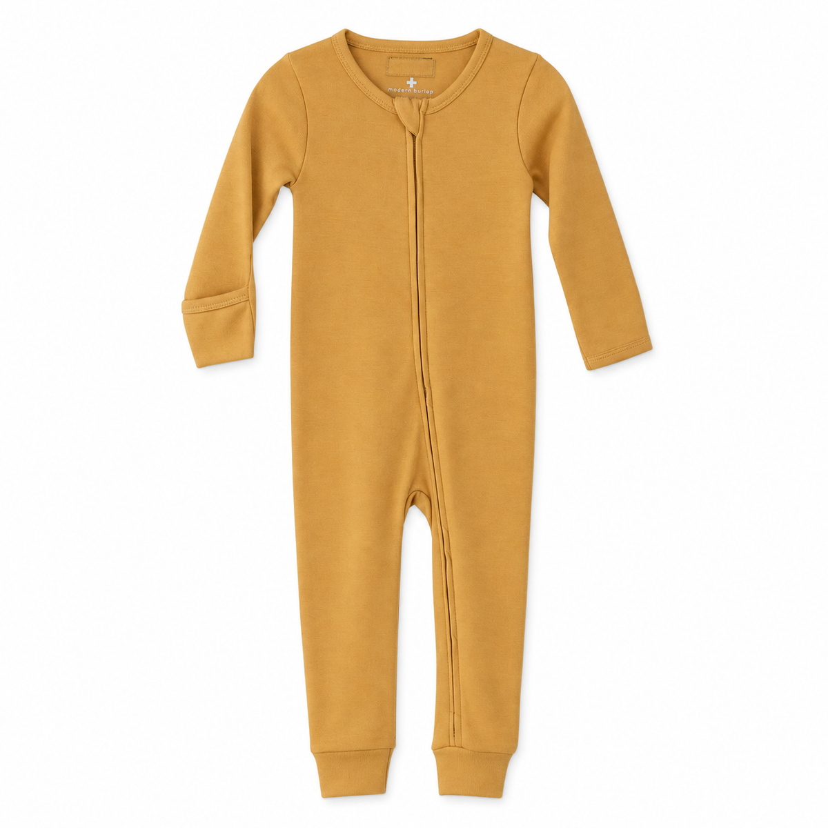 Modern Burlap organic baby zip coverall in Honey, full front studio view