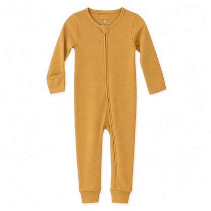 Modern Burlap organic baby zip coverall in Honey, full front studio view