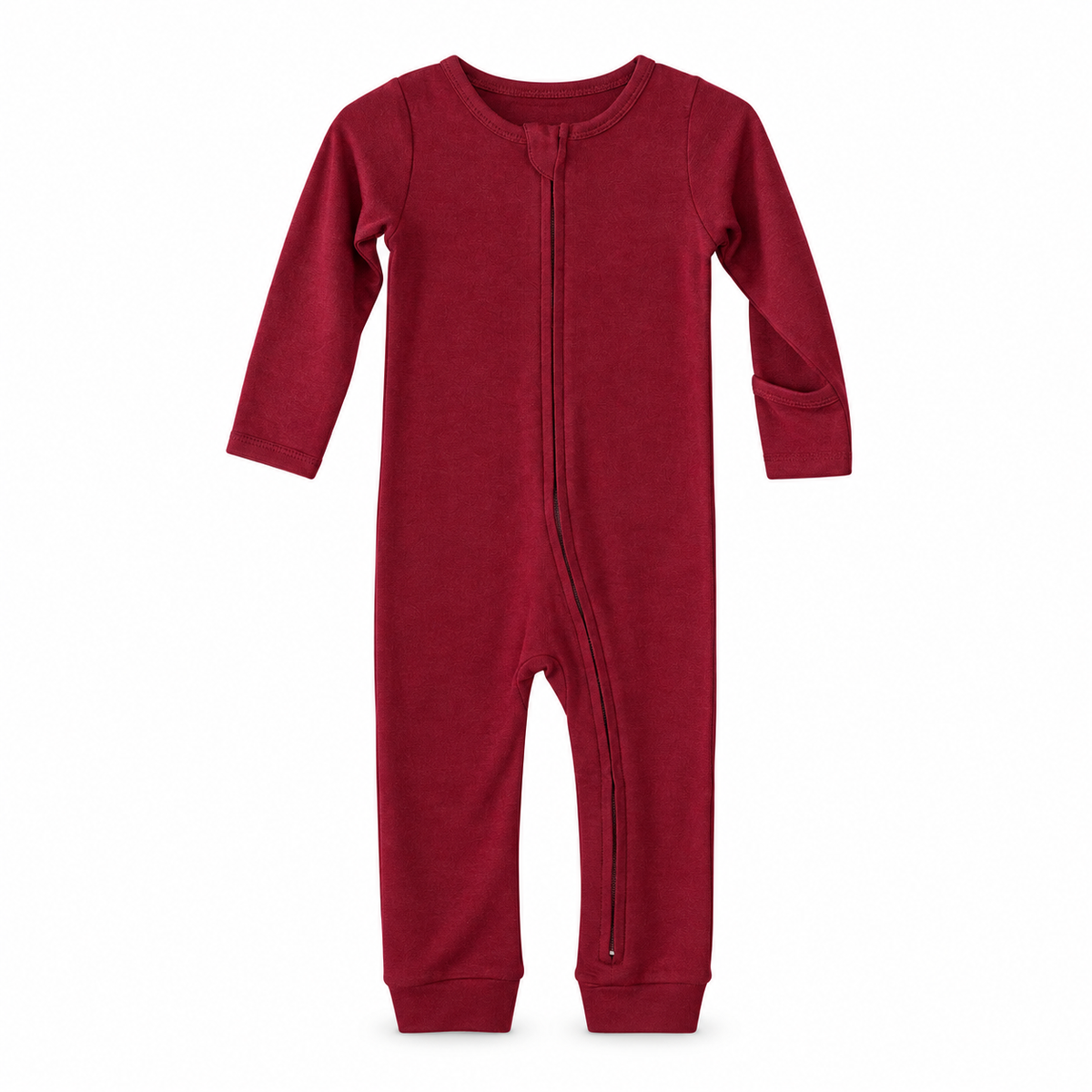 Modern Burlap organic baby zip coverall in Maroon, full front studio view