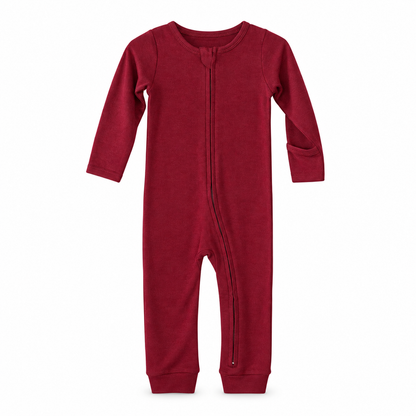 Modern Burlap organic baby zip coverall in Maroon, full front studio view