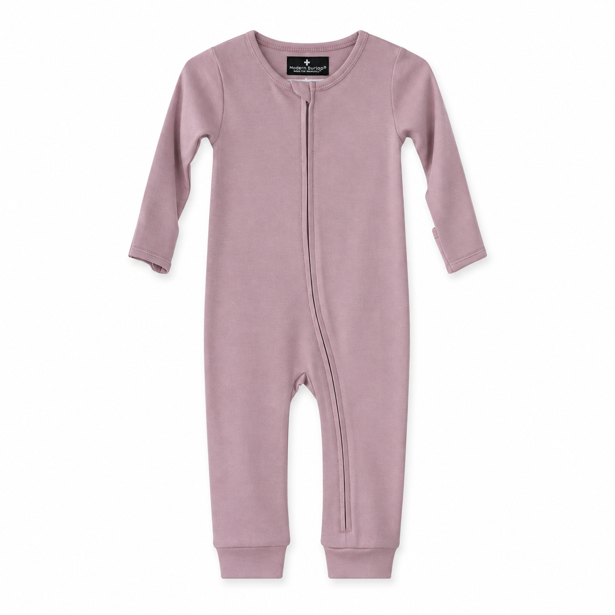 Modern Burlap organic baby zip coverall in Mauve, full front studio view
