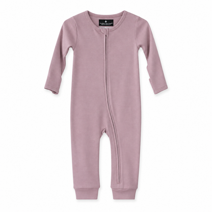 Modern Burlap organic baby zip coverall in Mauve, full front studio view