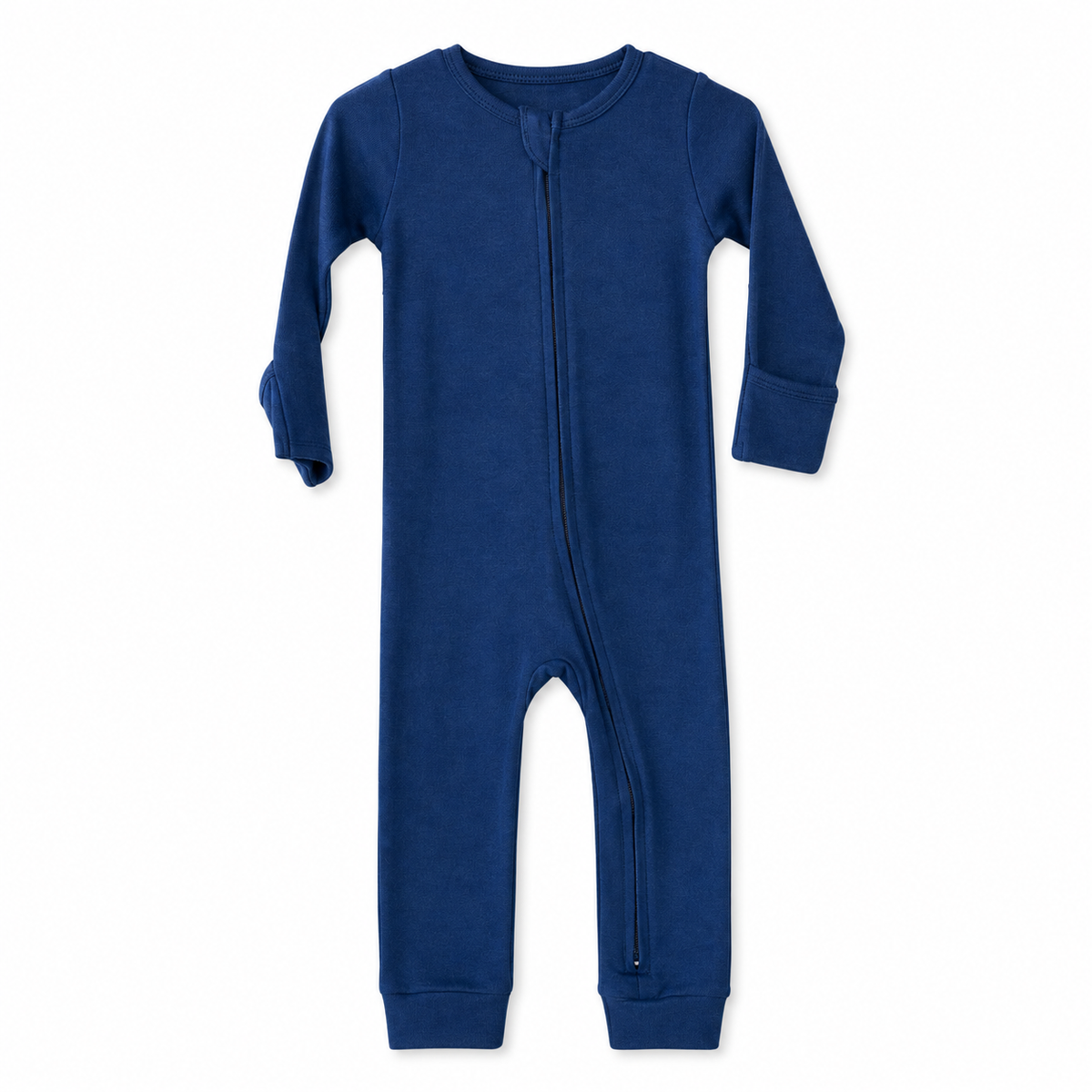 Modern Burlap organic baby zip coverall in Navy Peony, full front studio view