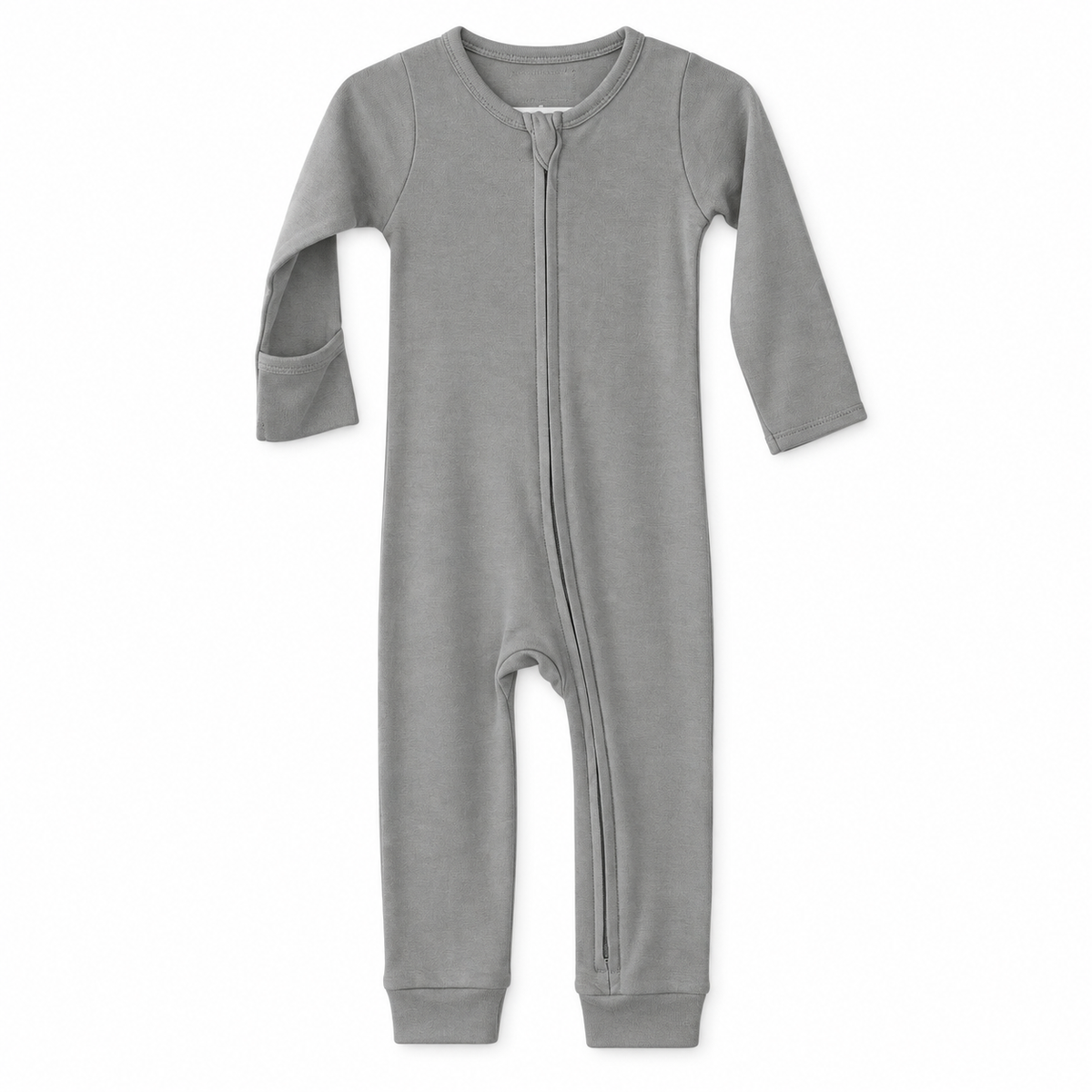 Modern Burlap organic baby zip coverall in Neutral Gray, full front studio view