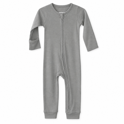 Modern Burlap organic baby zip coverall in Neutral Gray, full front studio view