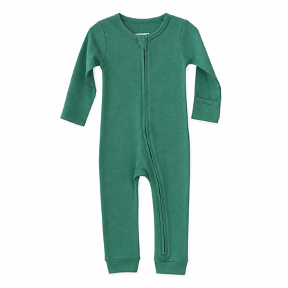 Modern Burlap organic baby zip coverall in Pine Green, full front studio view