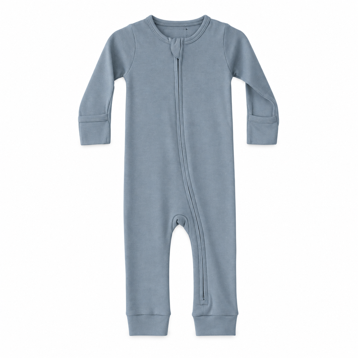 Modern Burlap organic baby zip coverall in Tradewinds, full front studio view
