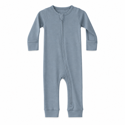 Modern Burlap organic baby zip coverall in Tradewinds, full front studio view