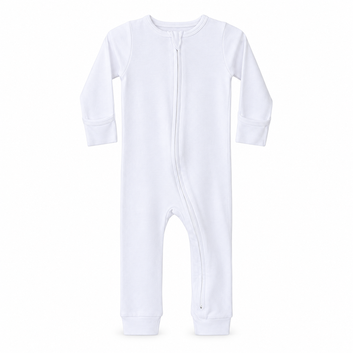 Modern Burlap organic baby zip coverall in White, full front studio view