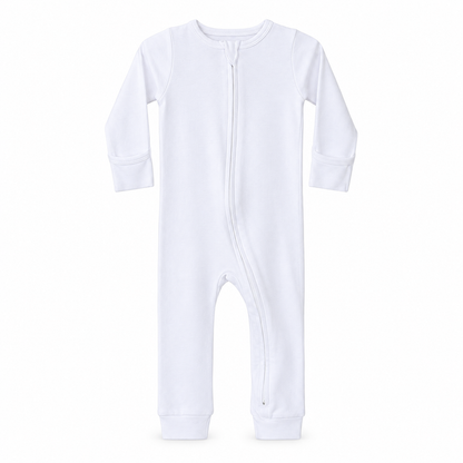 Modern Burlap organic baby zip coverall in White, full front studio view