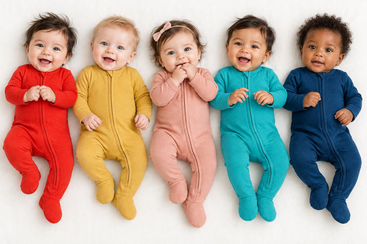 Five babies wearing Original Color Collection zip footies in Cherry Tomato, Mustard, Blooming Dahlia, Arcadia, and Sailor Blue