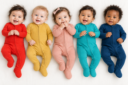 Five babies wearing Original Color Collection zip footies in Cherry Tomato, Mustard, Blooming Dahlia, Arcadia, and Sailor Blue
