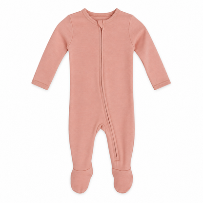 Original Color Collection baby zip footie in blooming dahlia, full front studio view