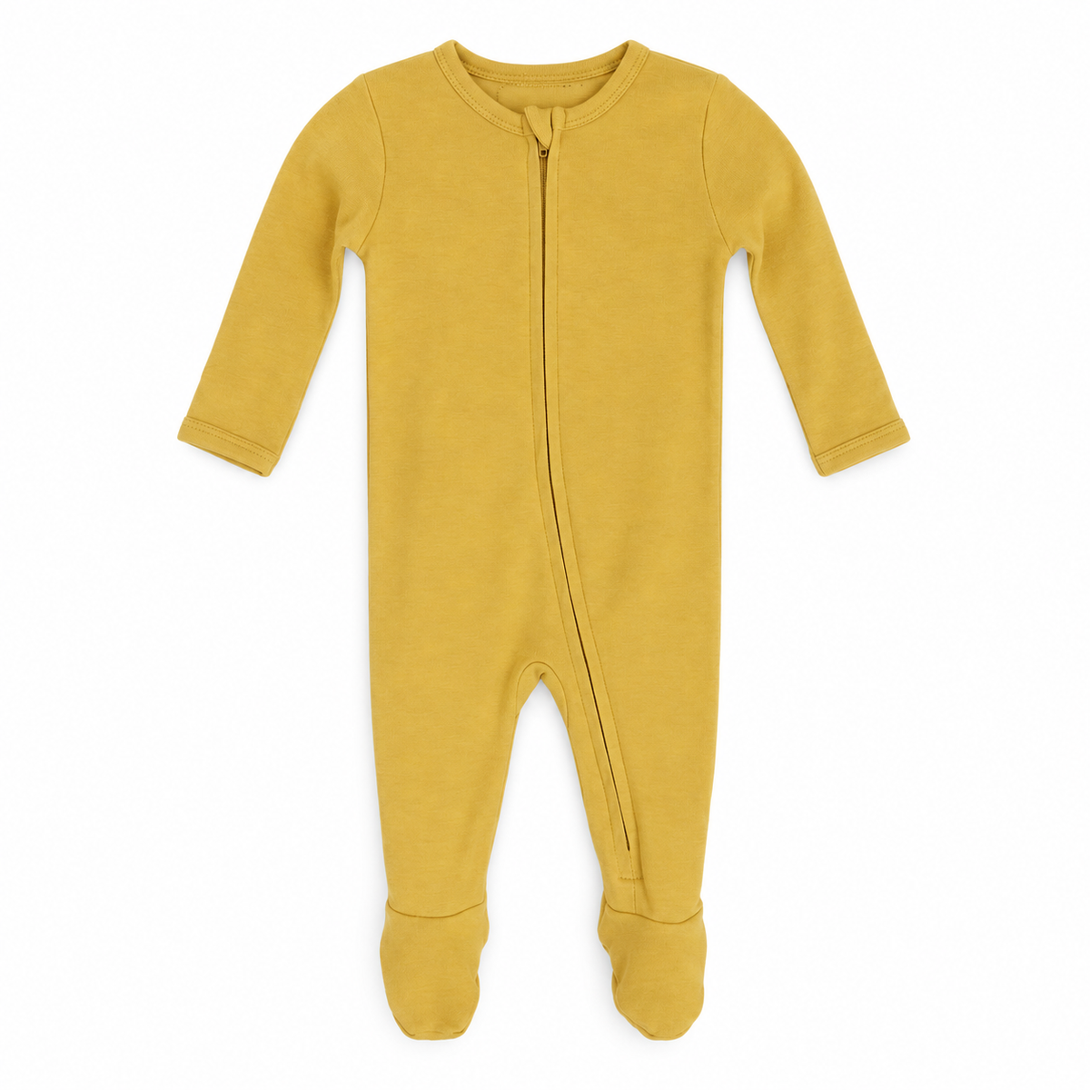 Original Color Collection baby zip footie in mustard, full front studio view