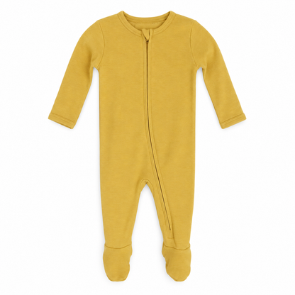 Original Color Collection baby zip footie in mustard, full front studio view
