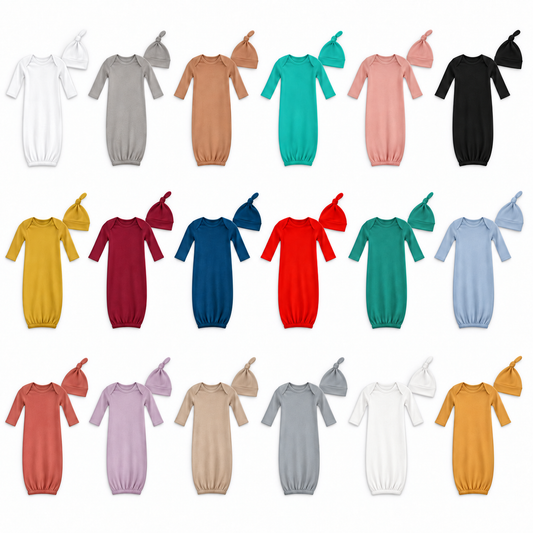 Modern Burlap Original Colors organic gown and knot hat sets in all eighteen colors, matching-scale flat lay with logos turned out of view