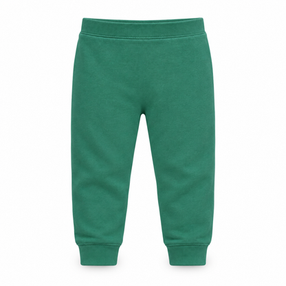 Organic Cozy Pants in pine green, standalone front studio view on white.