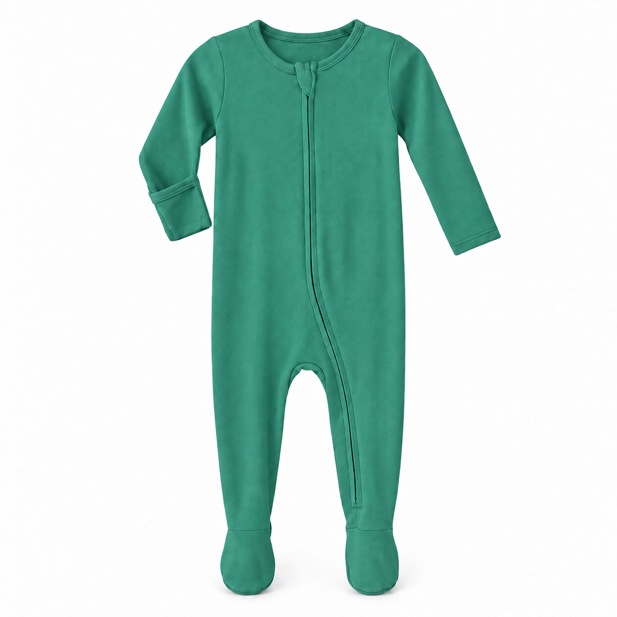 Pine Green organic zip footie on white, with one sleeve turned to show the underside fold-over hand cover.