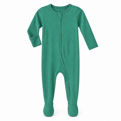 Pine Green organic zip footie on white, with one sleeve turned to show the underside fold-over hand cover.