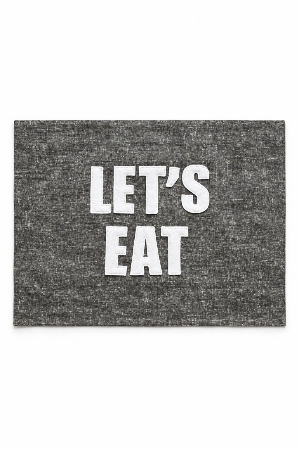 Graphite linen placemat with ivory Let's Eat lettering. One placemat.