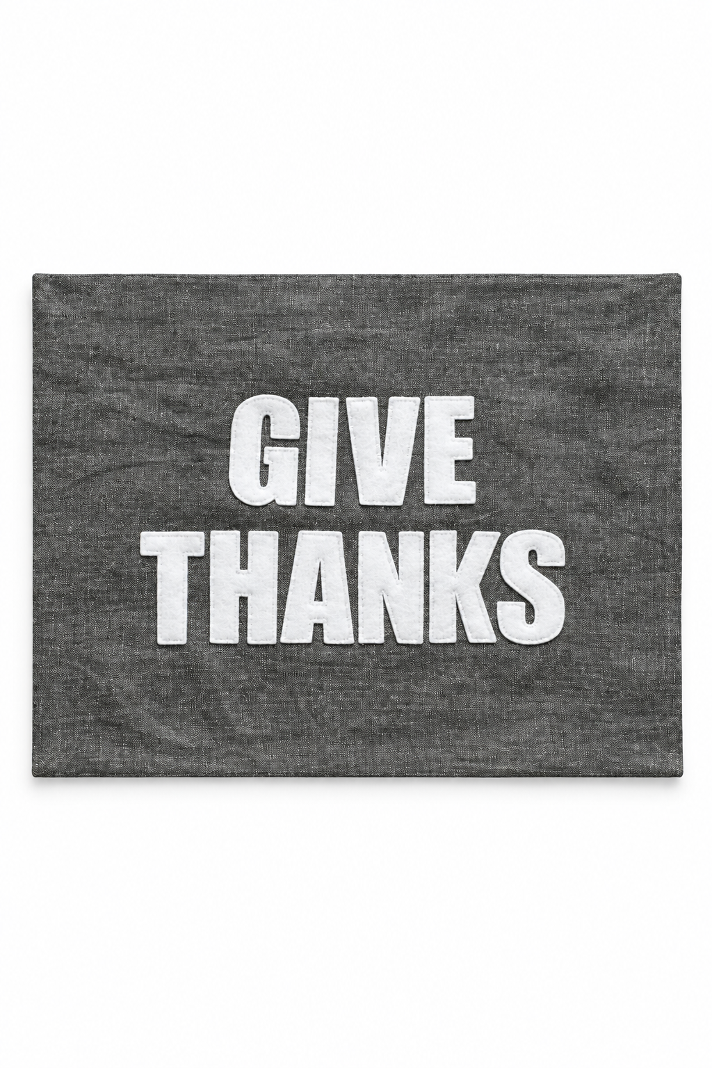 Graphite linen placemat with ivory Give Thanks lettering. One placemat.