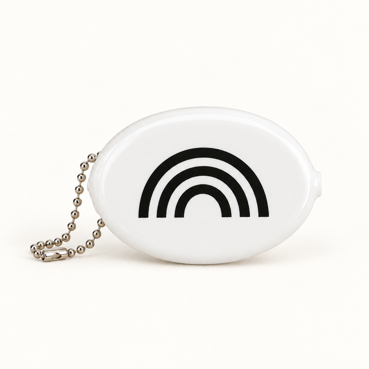 White coin pouch with black rainbow design, front studio view