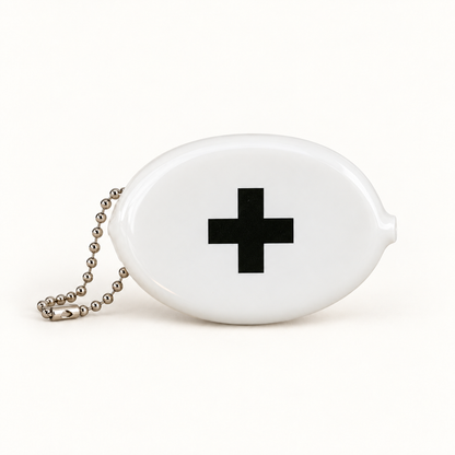 White coin pouch with black Swiss Cross design, front studio view