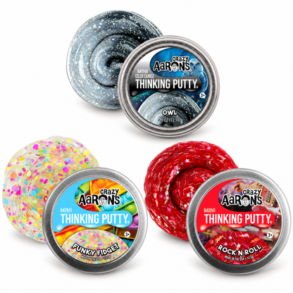Crazy Aaron's Mini Thinking Putty in Owl, Funky Fidget and Rock n' Roll; each 2 inch tin sold separately.