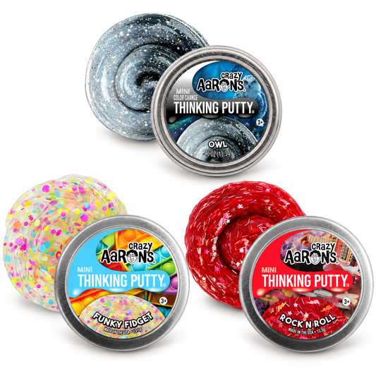 Crazy Aaron's Mini Thinking Putty in Owl, Funky Fidget and Rock n' Roll; each 2 inch tin sold separately.