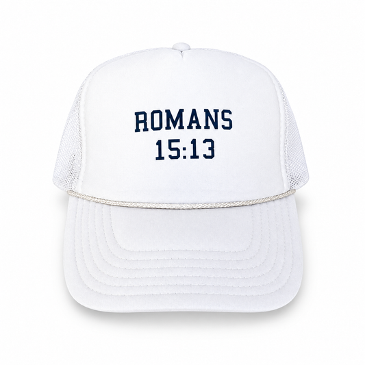 Romans 15:13 Scripture Trucker Hat — product on white background